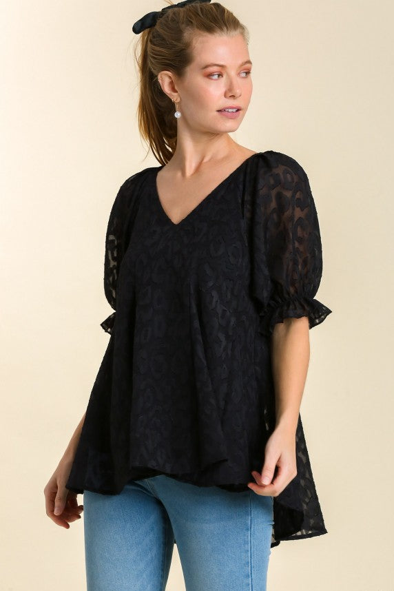 Leopard Puff Sleeve Top | Black