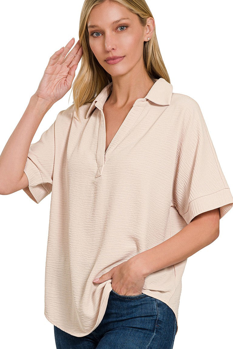 Collared Woven Airflow V-Neck Top | Sand Beige