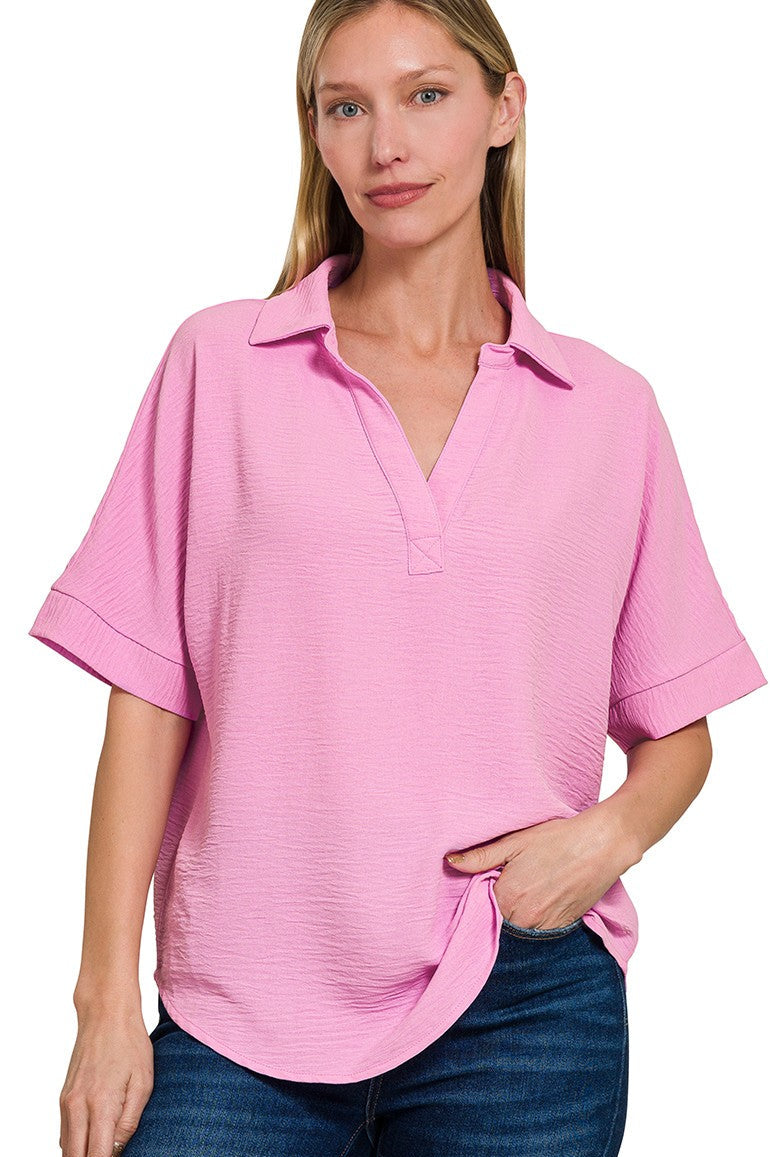Collared Woven Airflow V-Neck Top | Mauve