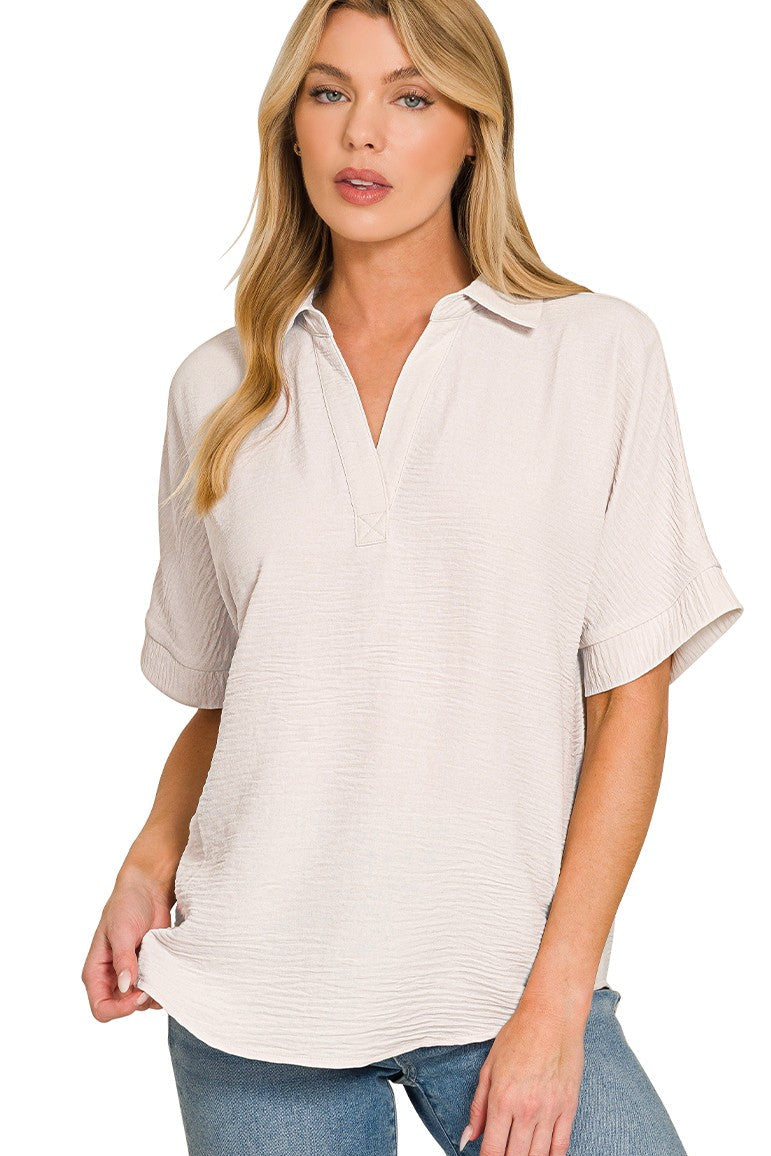 Collared Woven Airflow V-Neck Top | Bone