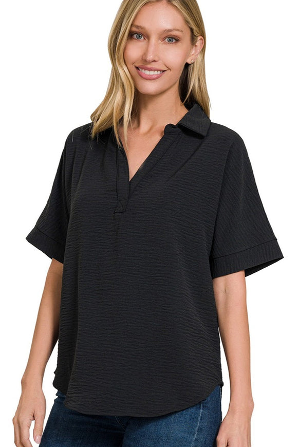 Collared V-Neck Top | Black