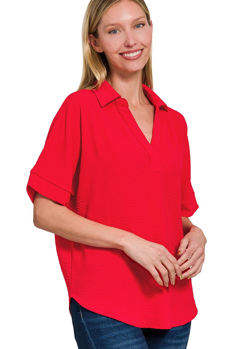 Collared Woven Airflow V-Neck Top | Red