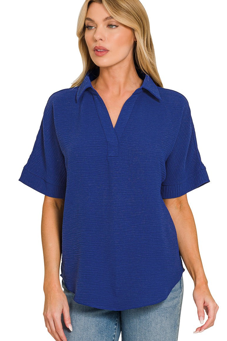 Collared Woven Airflow V-Neck Top | Navy Blue
