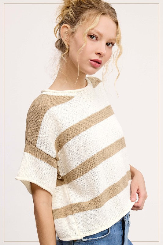 Lightweight Stripe Sweater Top | Taupe