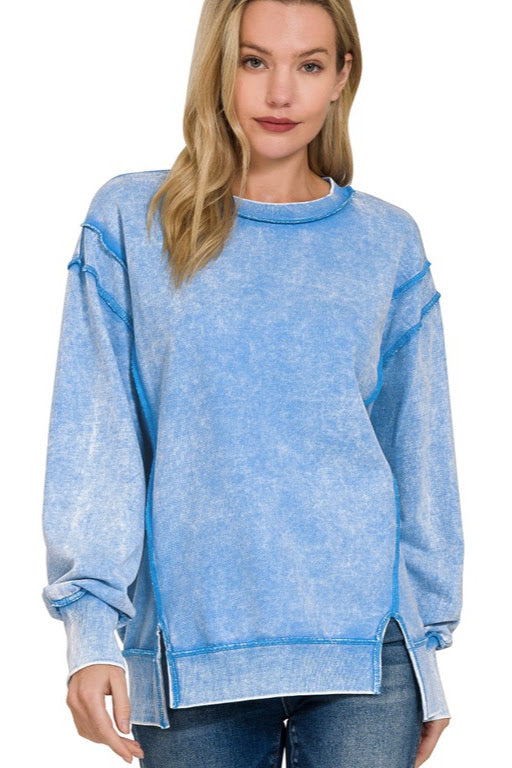 Acid Wash French Terry Sweater | Sky Blue