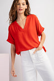 Back Button V-Neck Top | Red