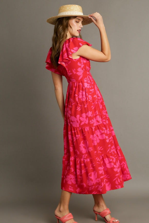 Two Tone Floral Maxi Dress | Red Mix