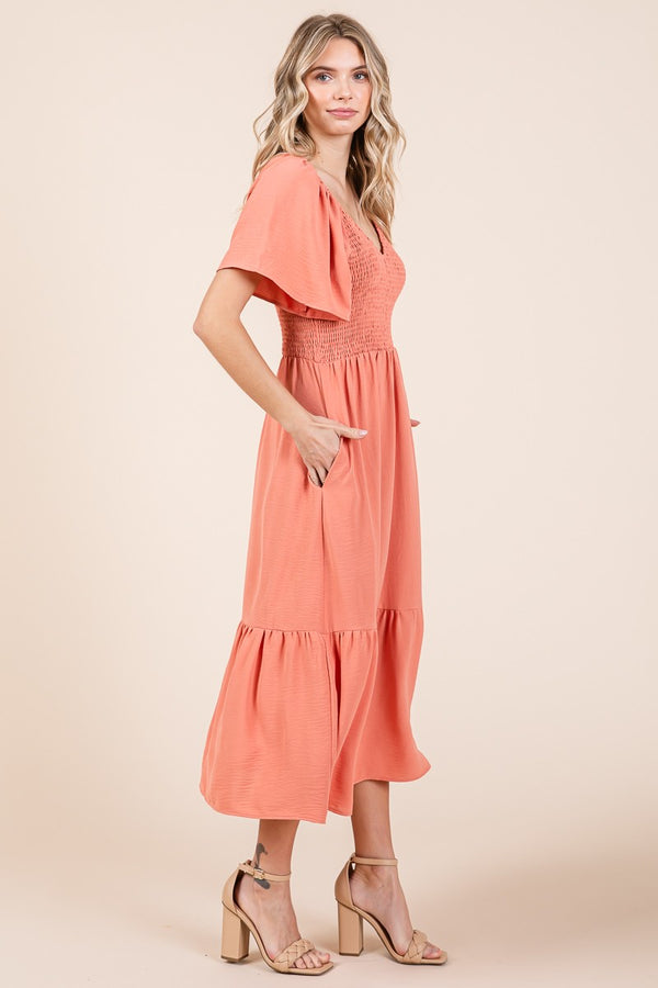 Flutter Sleeve Tiered Smocked Midi Dress | Apricot