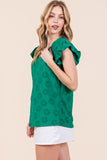 Floral Textured Ruffle Sleeve Top | Green