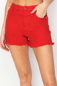 Risen Denim Shorts | Tummy Control Frayed Red
