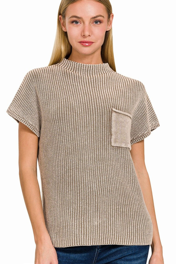 Washed Out Mock Neck Ribbed Top | Mocha