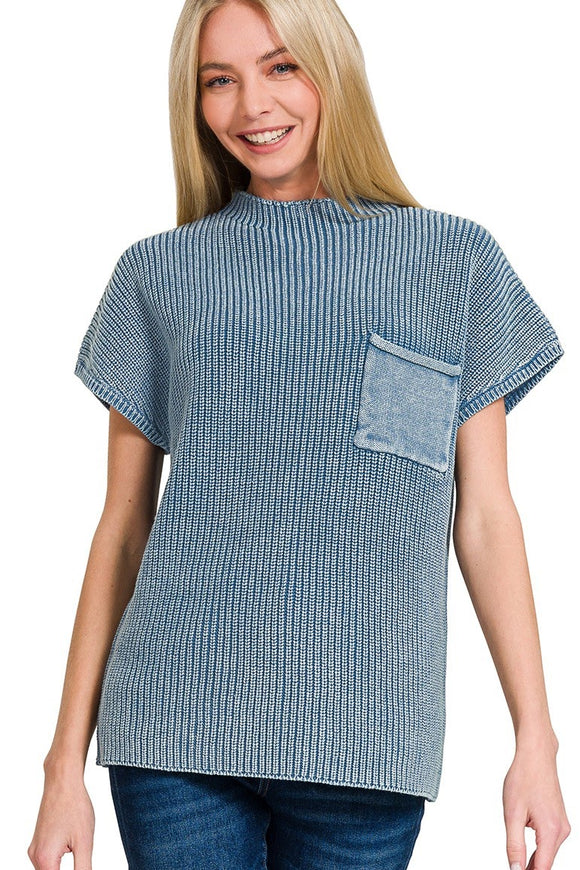 Washed Mock Neck Top | Dusty Blue