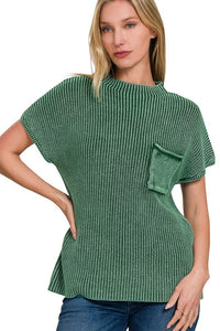 Washed Mock Neck Top | Dark Green