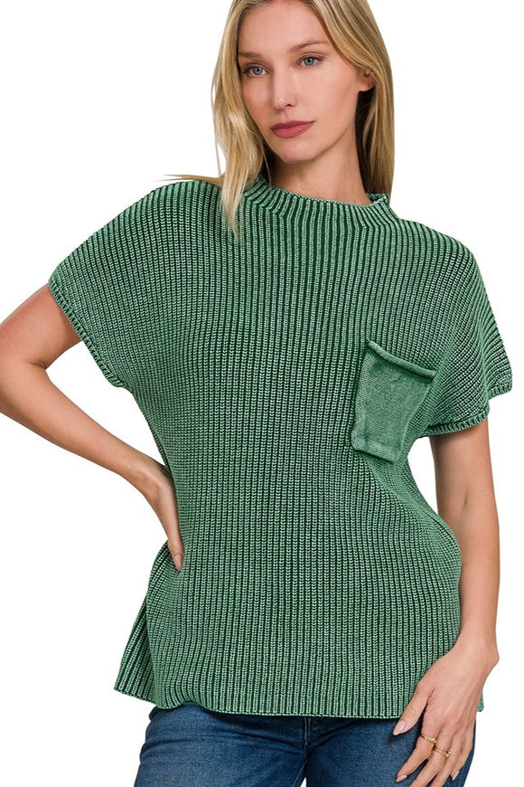 Washed Mock Neck Top | Dark Green