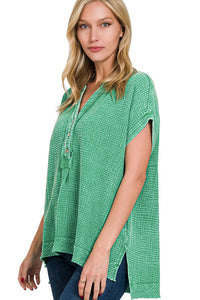Washed Gauze Button Henley Top | Green