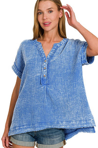 Washed Gauze Button Henley Top | Blue