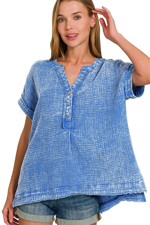 Washed Gauze Button Henley Top | Blue