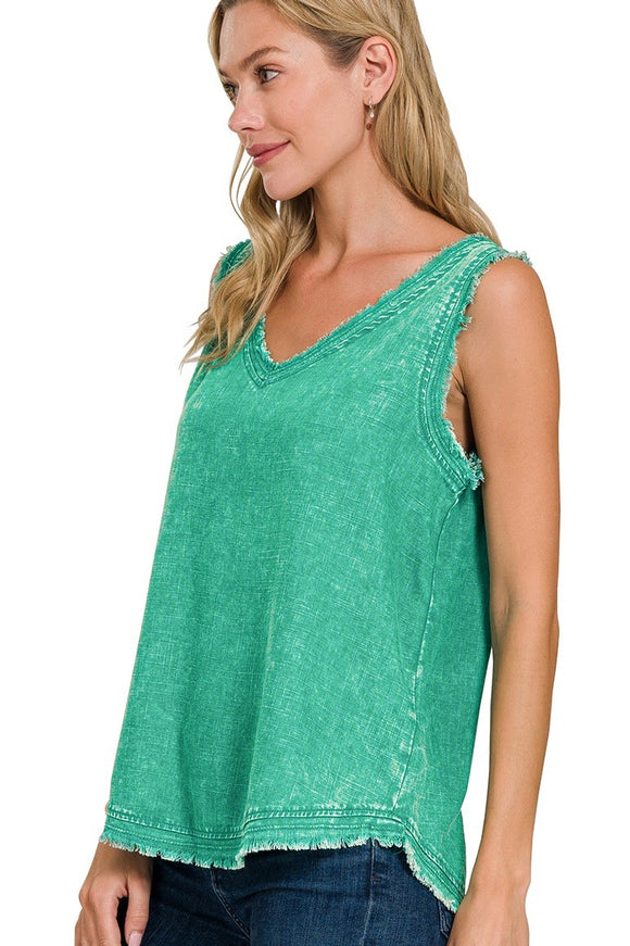 Washed Linen Frayed Sleeveless Top | Kelly Green