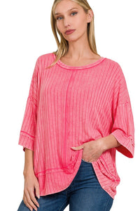 Washed Ribbed Oversized Slouchy Top | Hot Pink