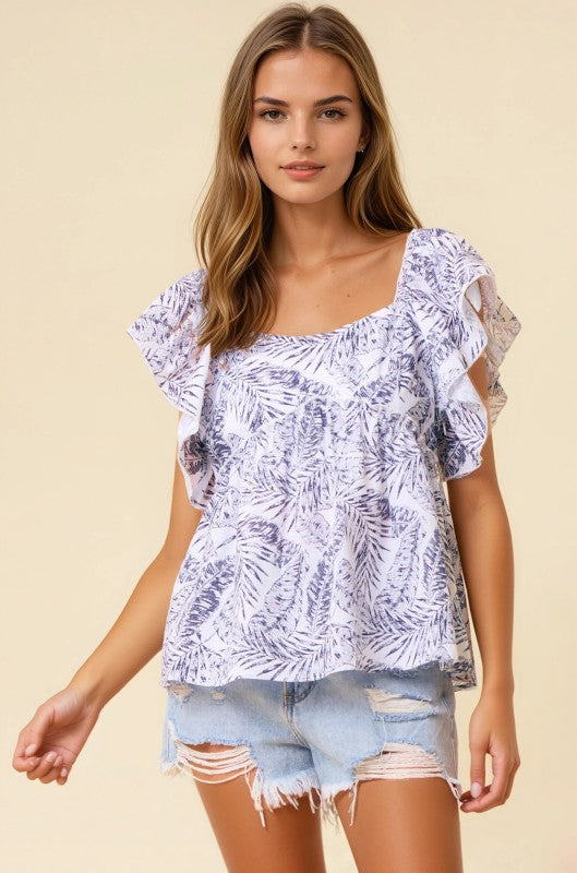 Palm Leaf Butterfly Sleeve Babydoll Top | Navy
