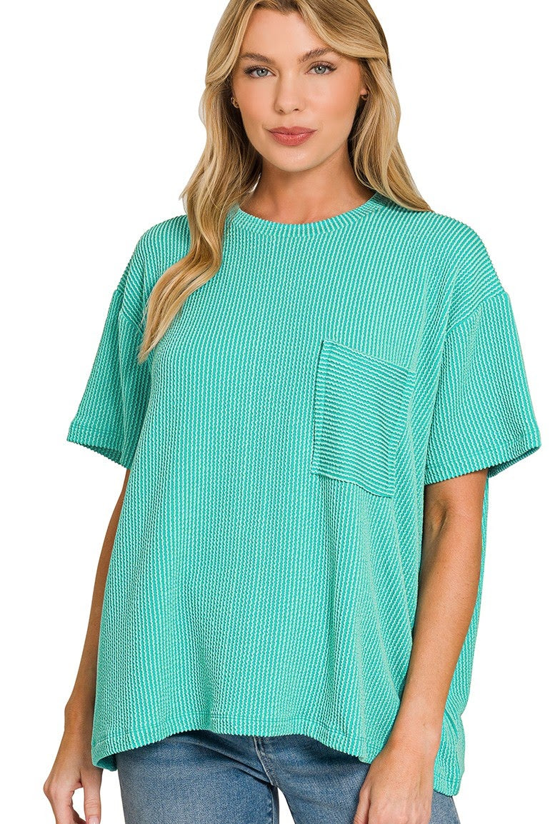 Raised Rib Pocket Top | Turquoise