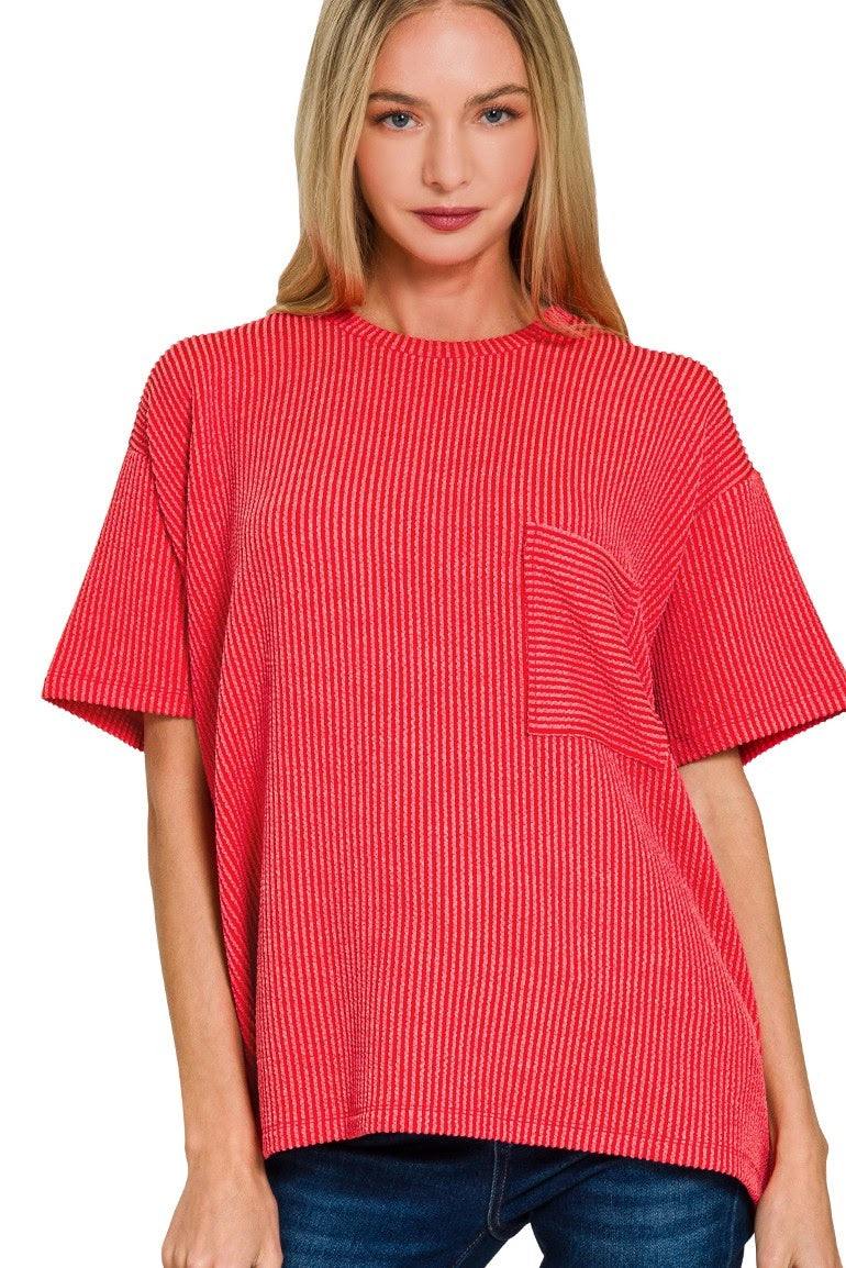 Raised Rib Pocket Top | Red