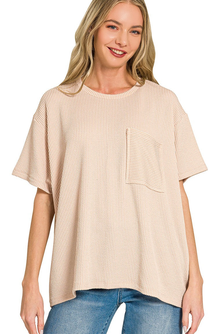 Raised Rib Pocket Top | Sand Beige