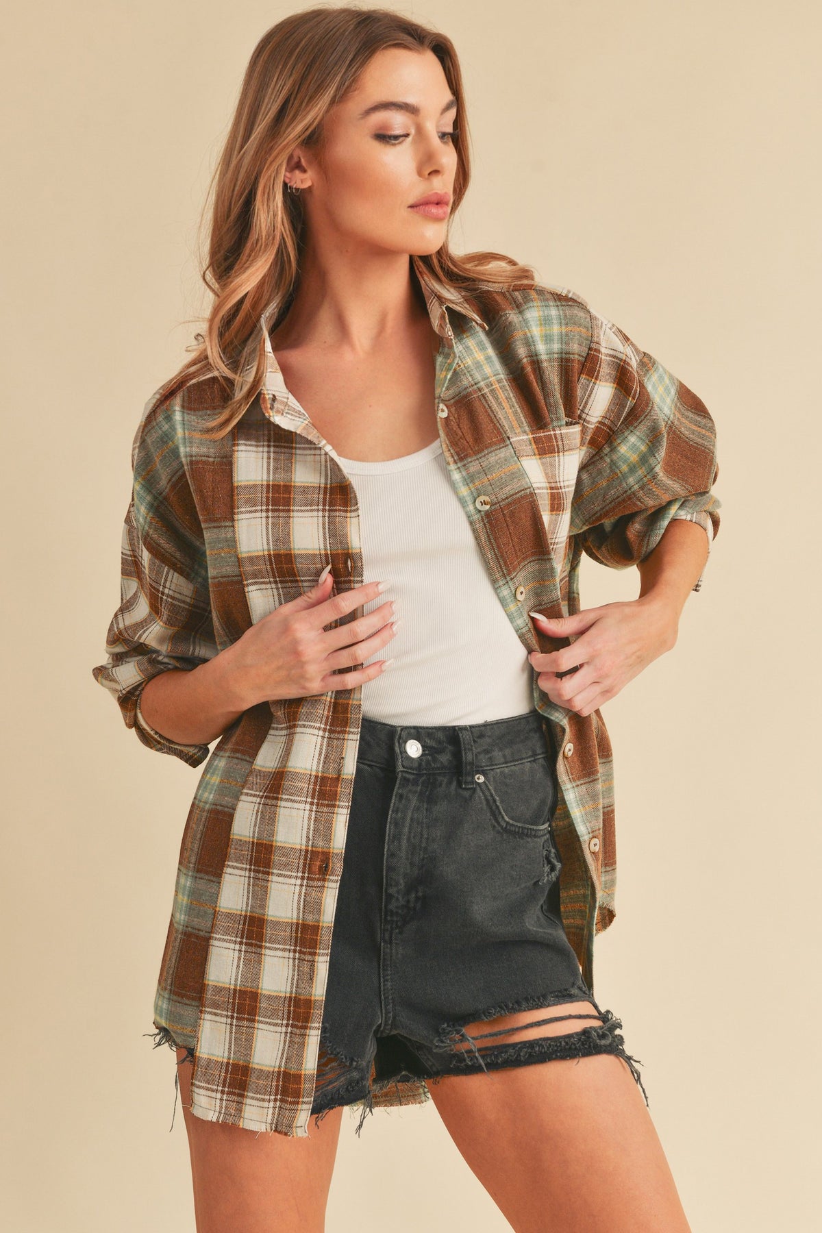*Doorbuster Deal Splice Raw Hem Flannel | Brown