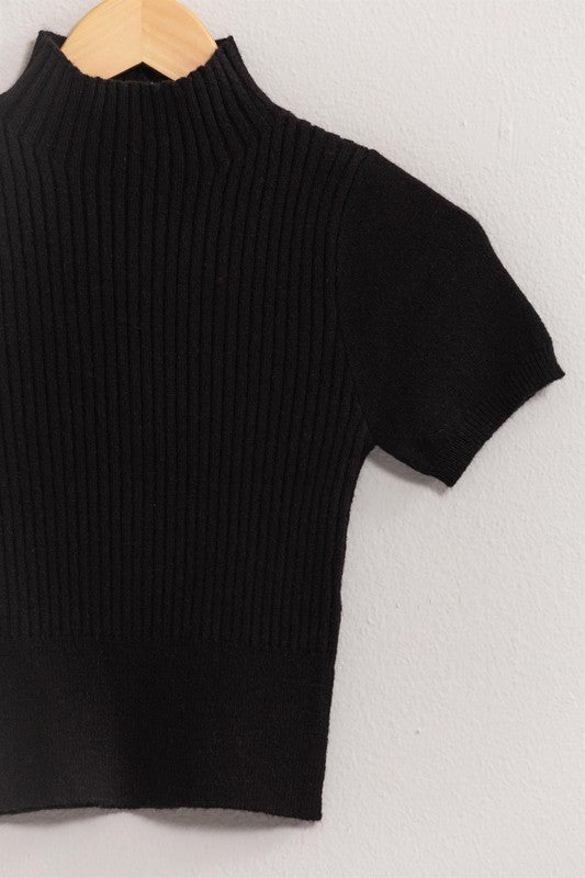 High Neck Ribbed Fitted Crop Top | Black