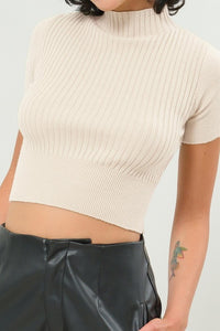 High Neck Ribbed Fitted Crop Top | Cream