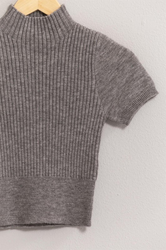 High Neck Ribbed Fitted Crop Top | Heather Grey