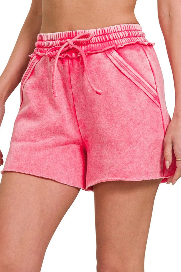Acid Wash Drawstring Shorts | Bright Pink