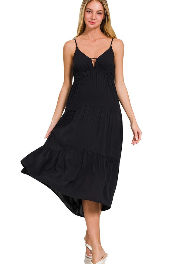Tiered Sweetheart Cami Midi Dress | Black