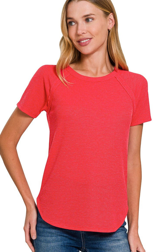 Waffle Knit Raglan Top | Red