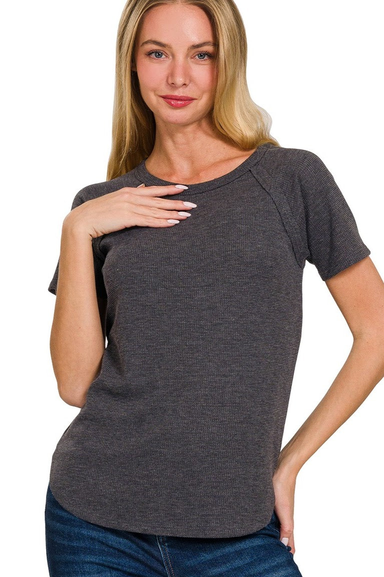 Waffle Knit Raglan Top | Black