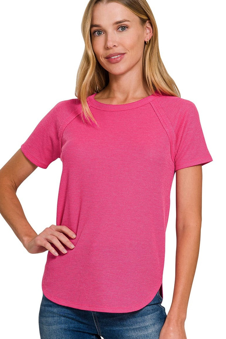 Waffle Knit Raglan Top | Hot Pink