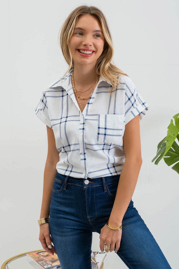 Plaid Button Down Top | Navy+Off White