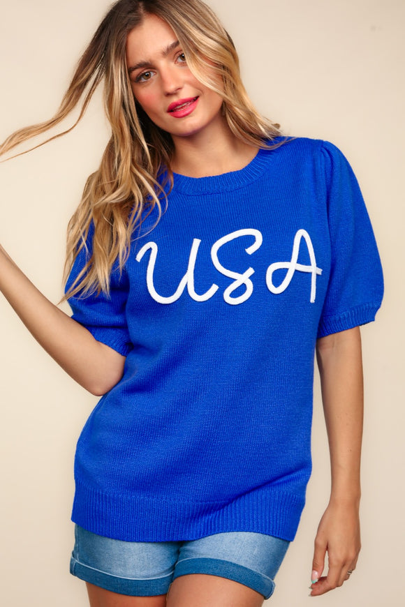 USA Embroidery Pop Up Letter Top | Blue