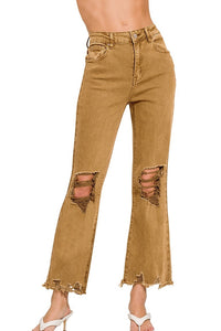 Acid Wash Stretch Distressed Straight Jeans | Deep Camel