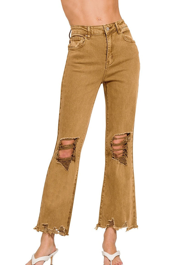 Acid Wash Stretch Distressed Straight Jeans | Deep Camel