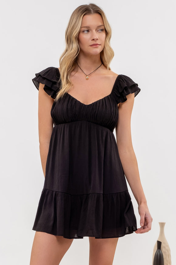 Ruched Bust Ruffle Dress | Black