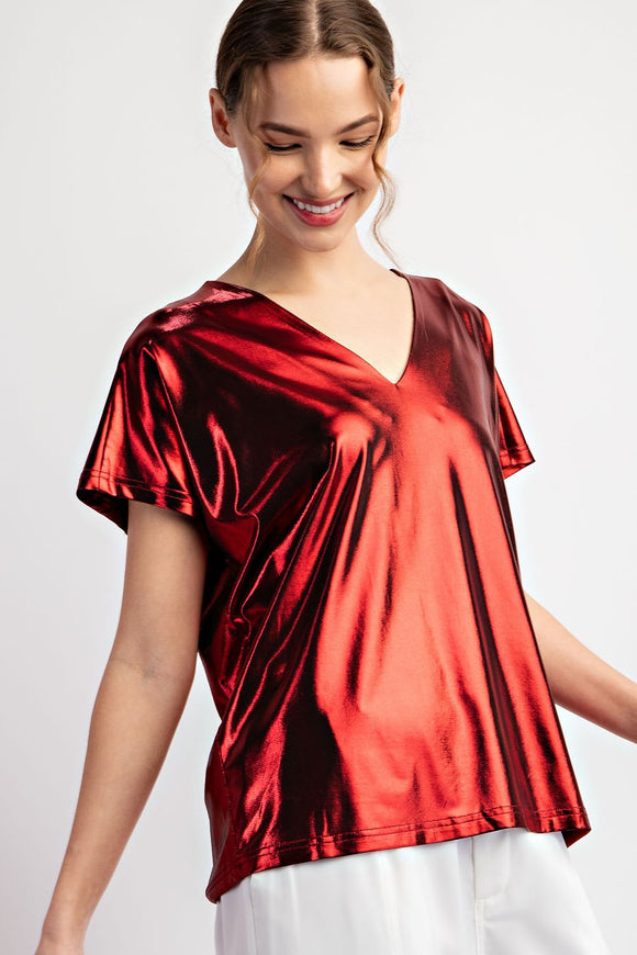 Metallic V-Neck Top | Cherry Red