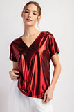 Metallic V-Neck Top | Cherry Red