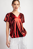 Metallic V-Neck Top | Cherry Red