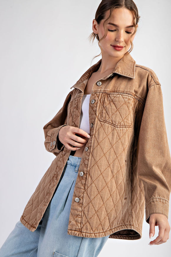 Quilted Button Denim Jacket | Camel