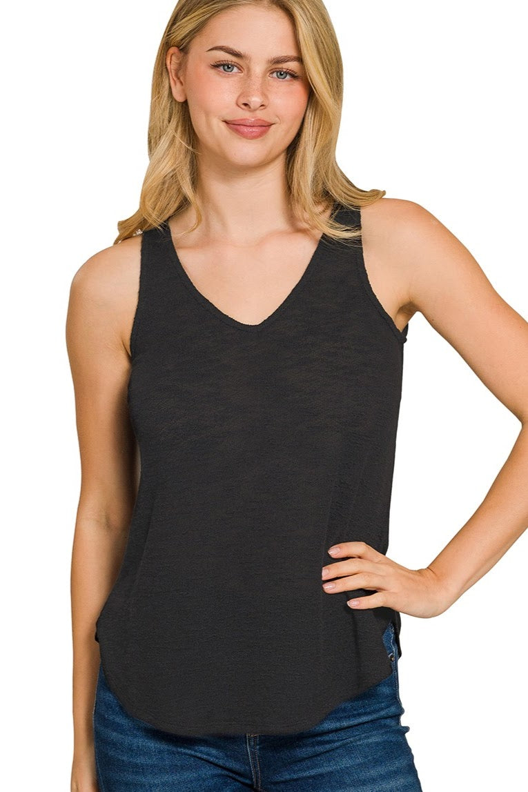 V-Neck Hacci Slub Tank Top | Black