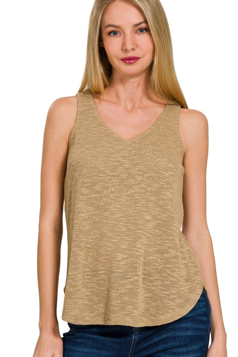 V-Neck Hacci Slub Tank Top | Light Camel