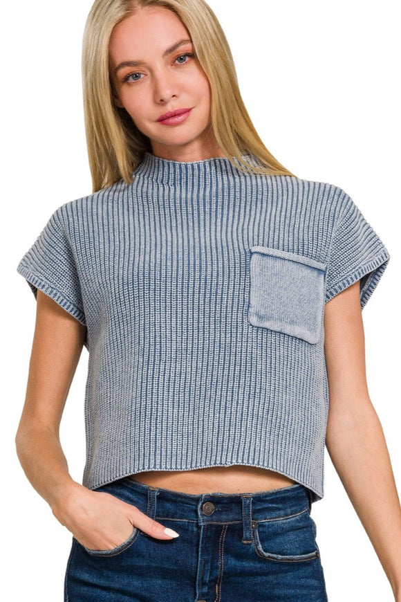 Washed Mock Neck Crop Top | Dusty Blue