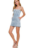 Spaghetti Strap Exposed Seam Denim Dress | Light Wash