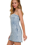 Spaghetti Strap Exposed Seam Denim Dress | Light Wash